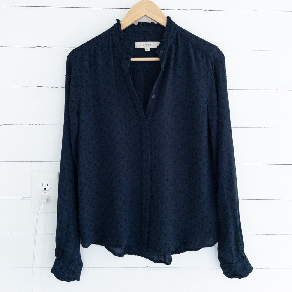 Loft Navy Blue Swiss Dot Button Up Blouse